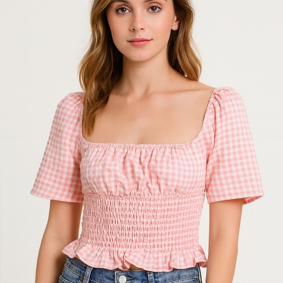 New BCBGeneration Smocked Gingham Top SZ L pink and white NWT checkered - Picture 1 of 14